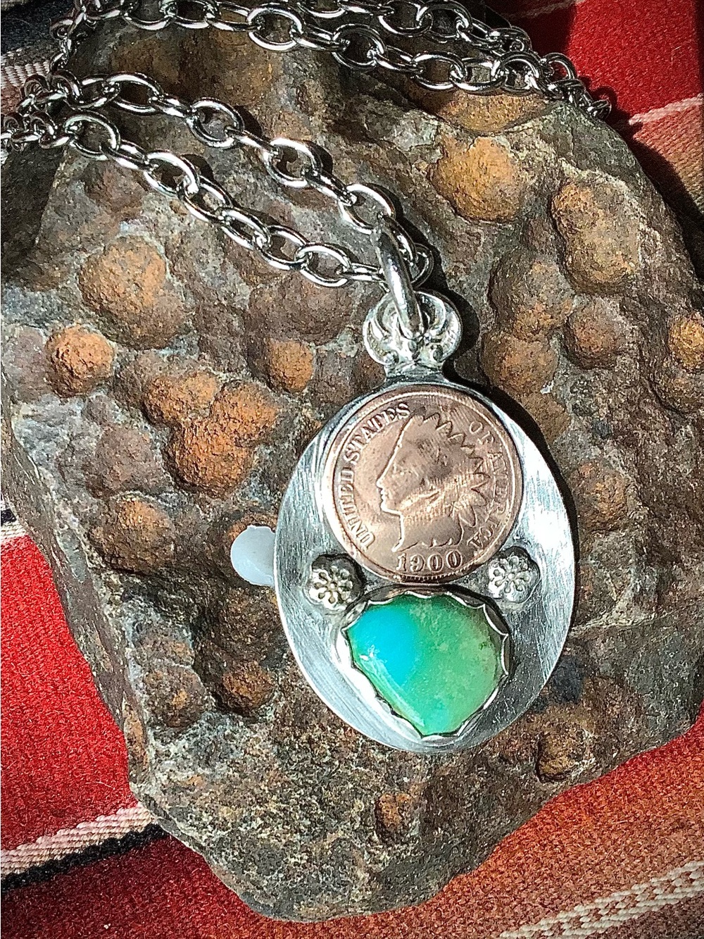 Handmade  Necklace with Turquoise Stone and indianhead penny